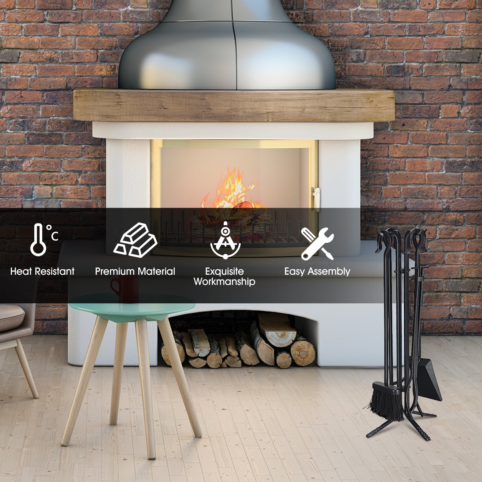5 Pieces Fireplace Iron Standing Tools SetÂ