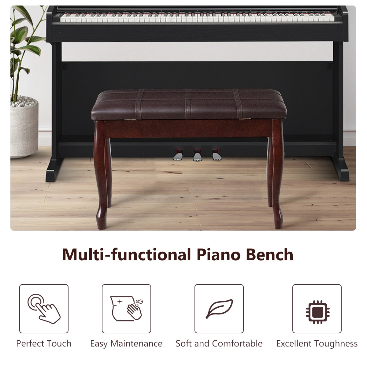 Solid Wood PU Leather Piano Bench with Storage-BrownÂ