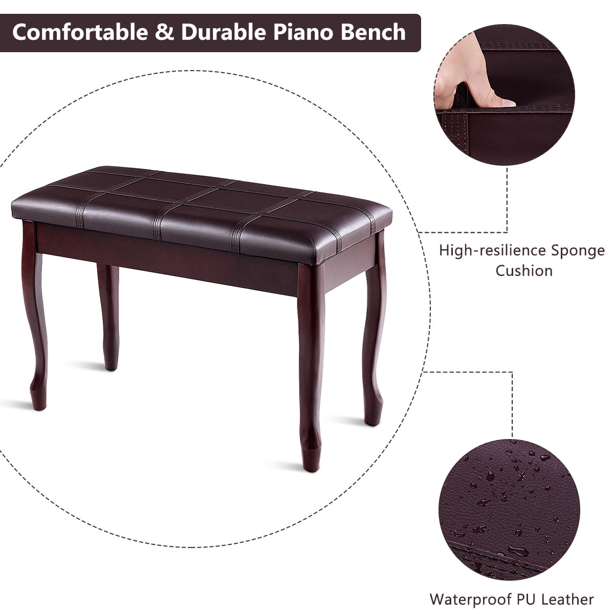 Solid Wood PU Leather Piano Bench with Storage-BrownÂ