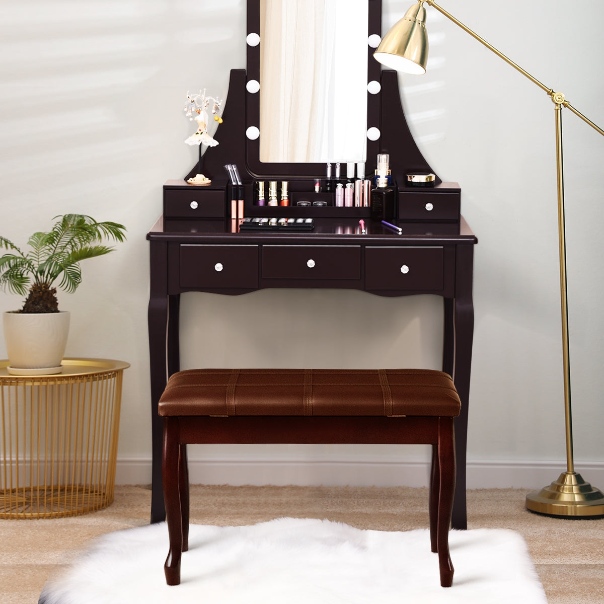 Solid Wood PU Leather Piano Bench with Storage-BrownÂ