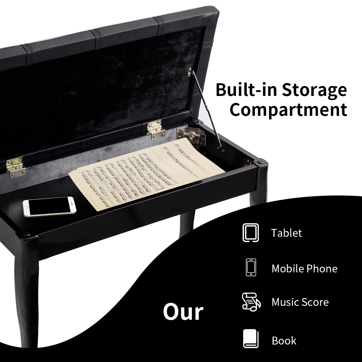 Solid Wood PU Leather Piano Bench with Storage-BlackÂ