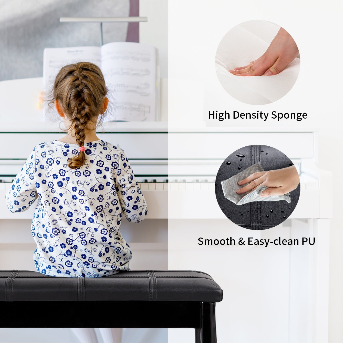 Solid Wood PU Leather Piano Bench with Storage-BlackÂ