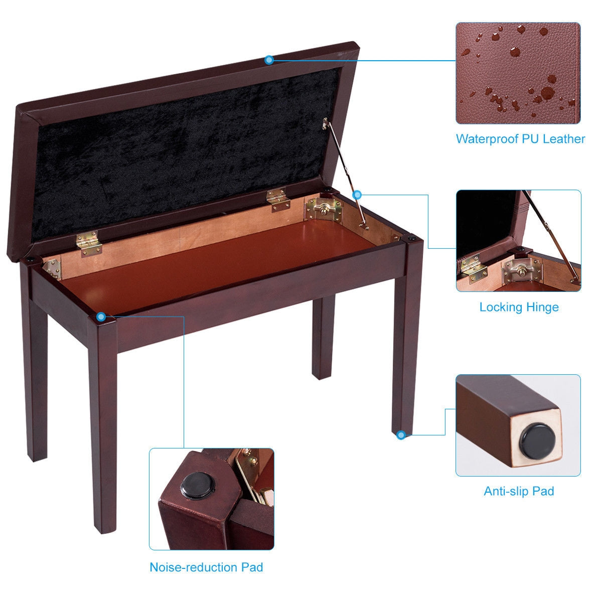Solid Wood PU Leather Padded Piano Bench Keyboard Seat-BrownÂ
