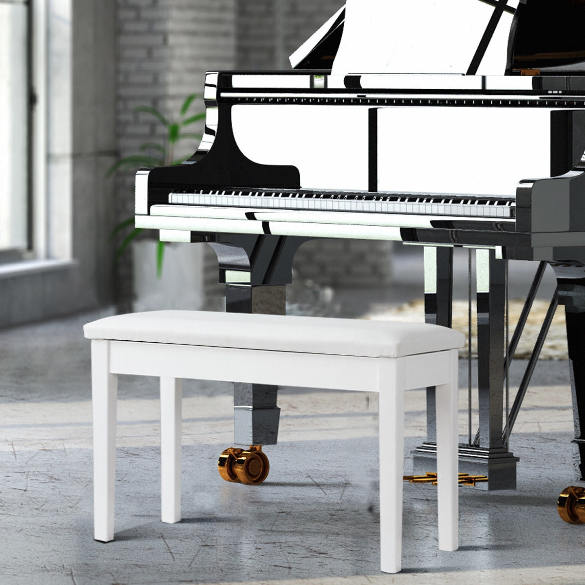 Solid Wood PU Leather Padded Piano Bench Keyboard Seat-WhiteÂ