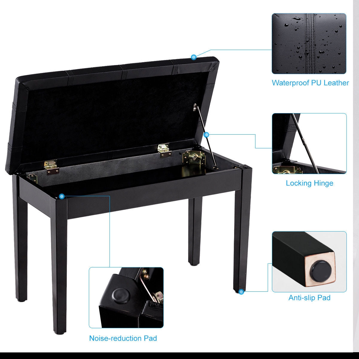 Solid Wood PU Leather Piano Double Duet Keyboard Bench-BlackÂ
