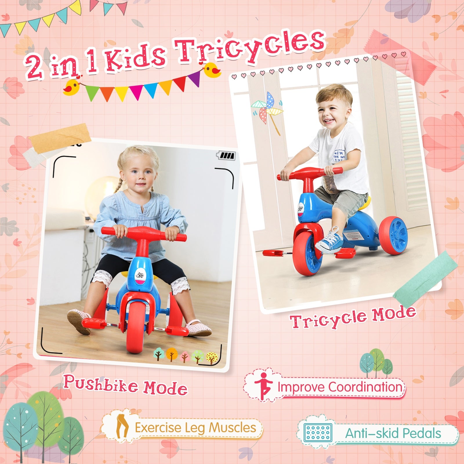 2 in 1 Toddler Tricycle Balance Bike Scooter Kids Riding Toys w/ Sound & Storage-BlueÂ