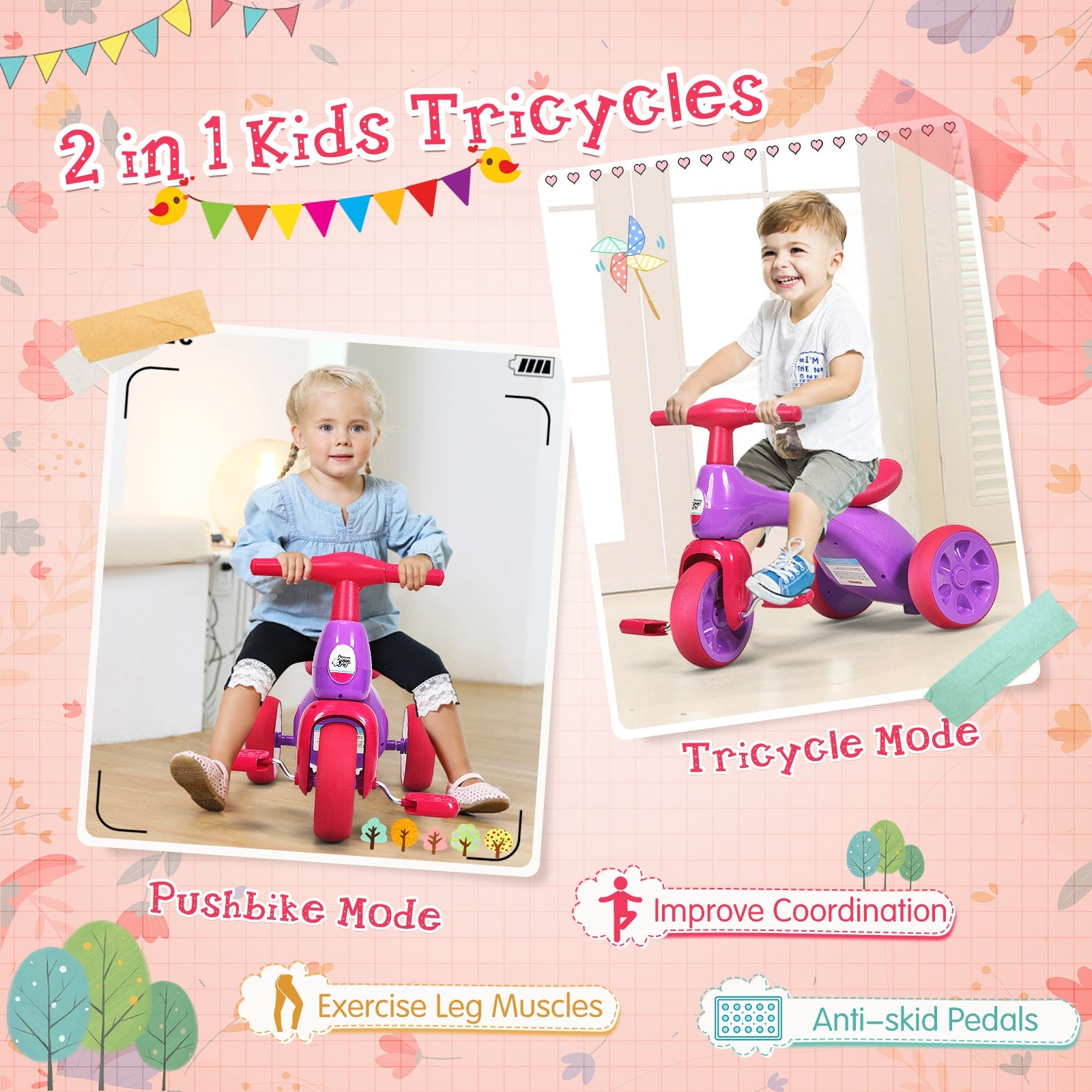 2 in 1 Toddler Tricycle Balance Bike Scooter Kids Riding Toys w/ Sound & Storage-PurpleÂ