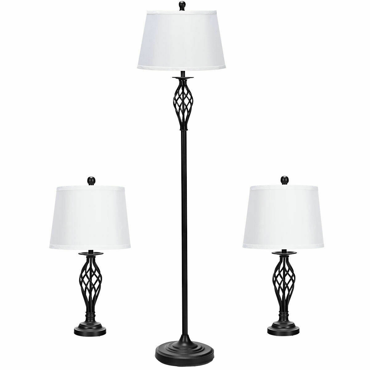 3 Pieces Lamp Set 2 Table Lamps 1 Floor Lamp with Fabric ShadesÂ