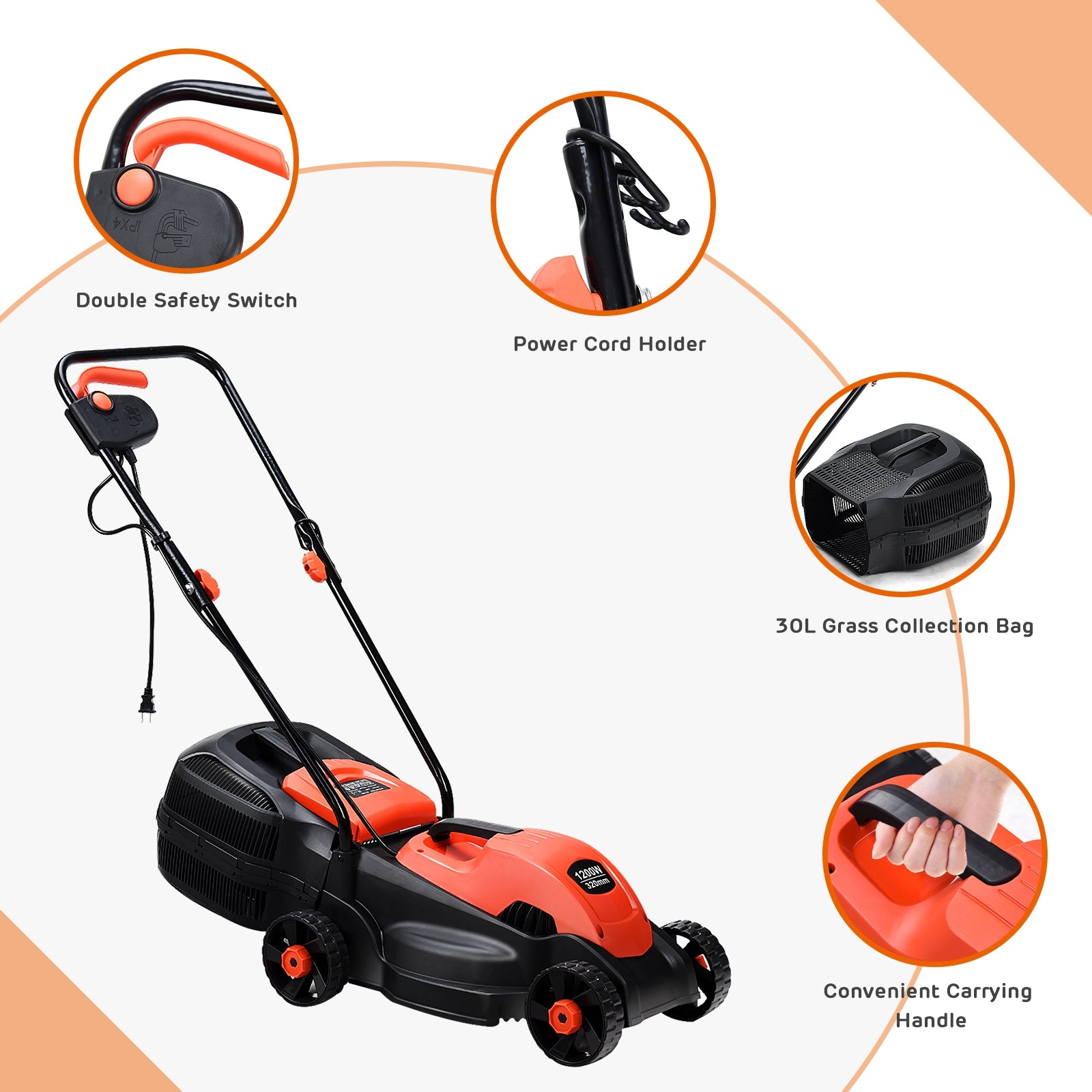 14 Inch Electric Push Lawn Corded Mower with Grass Bag-RedÂ