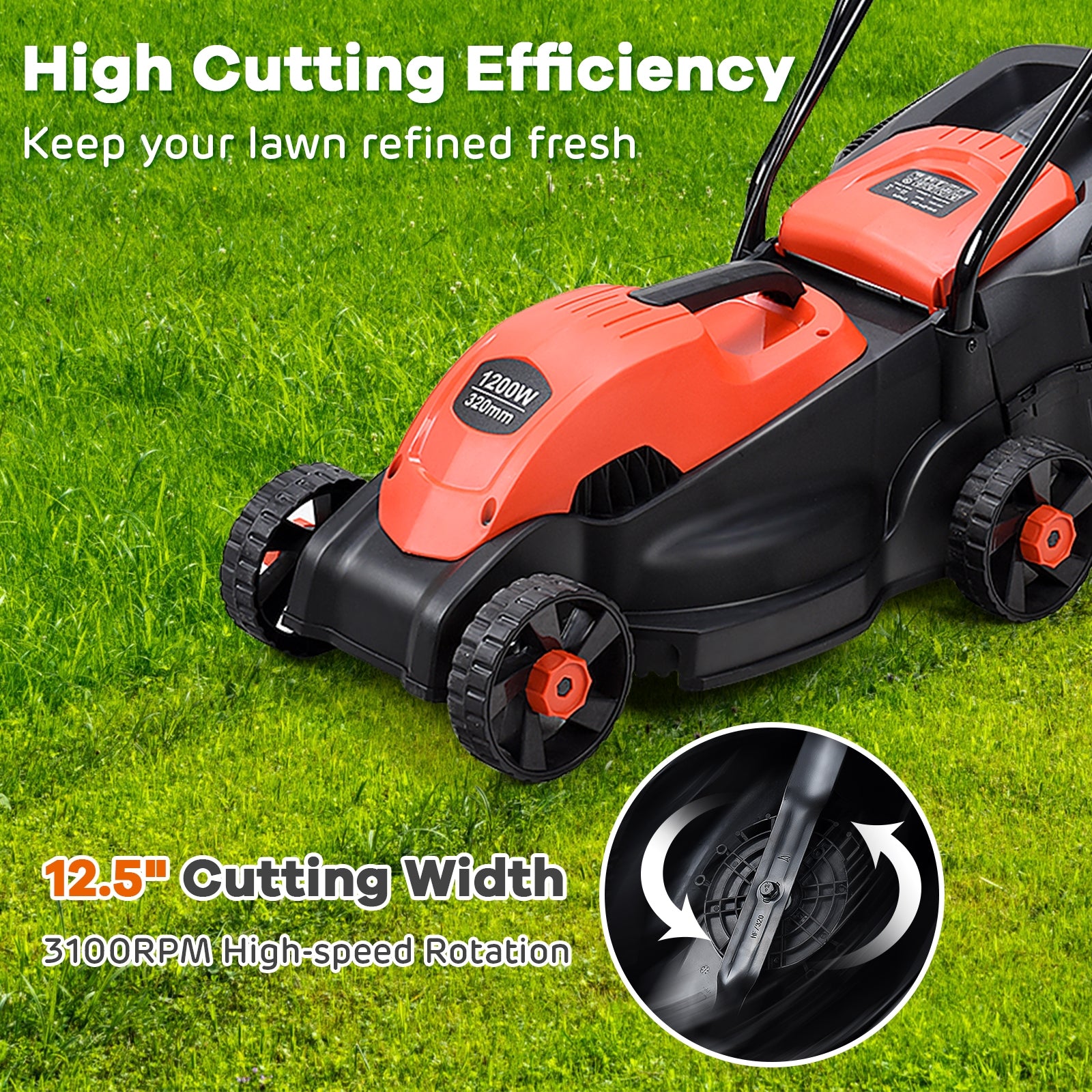 14 Inch Electric Push Lawn Corded Mower with Grass Bag-RedÂ