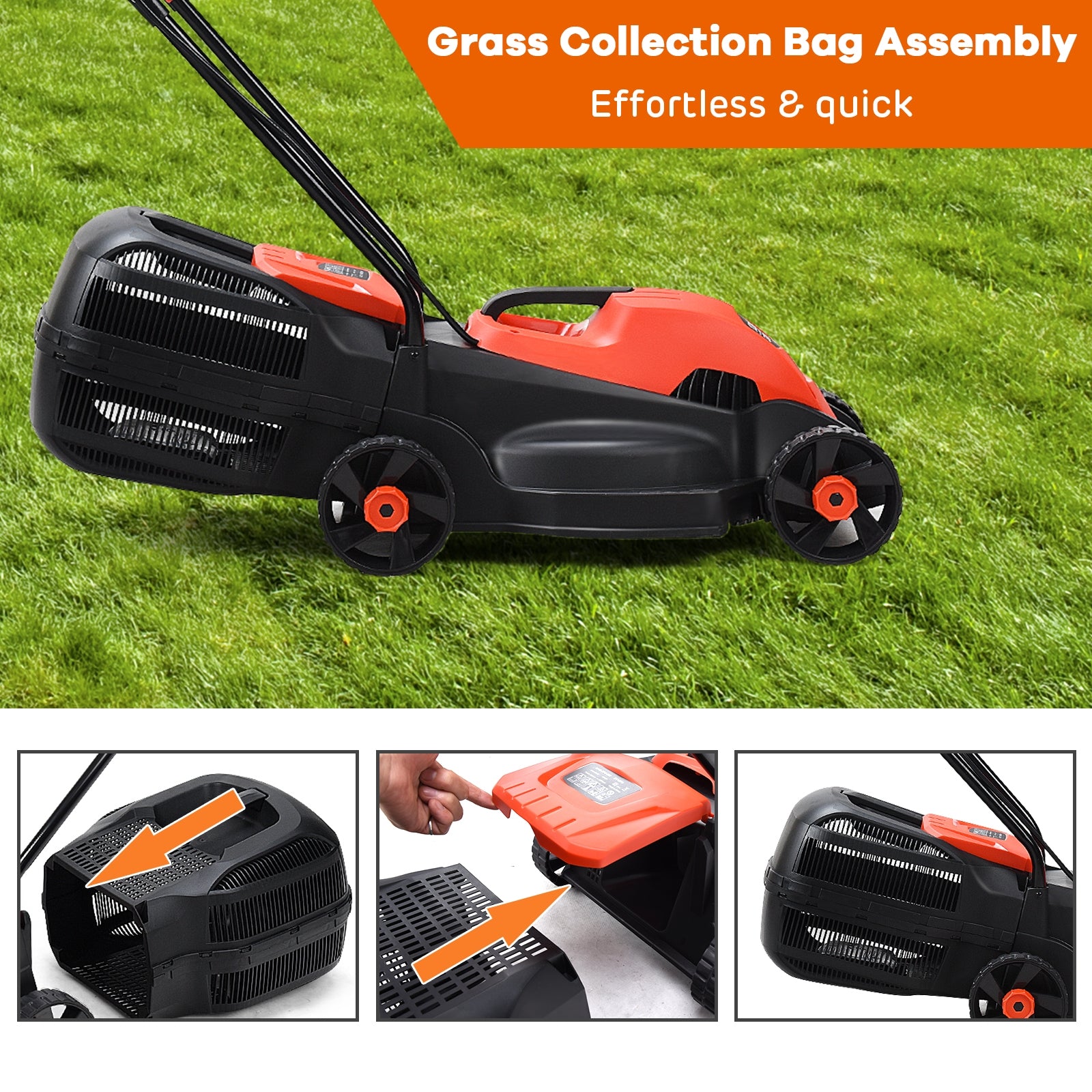 14 Inch Electric Push Lawn Corded Mower with Grass Bag-RedÂ