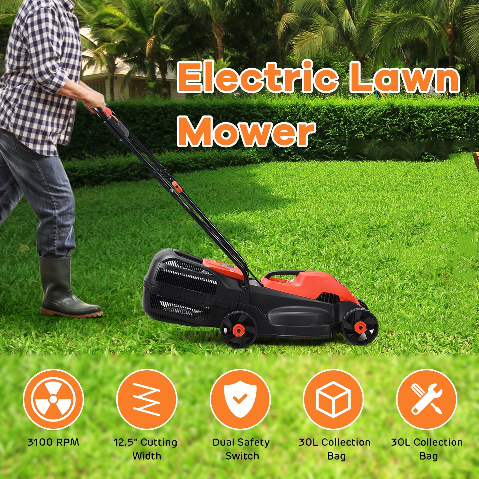 14 Inch Electric Push Lawn Corded Mower with Grass Bag-RedÂ