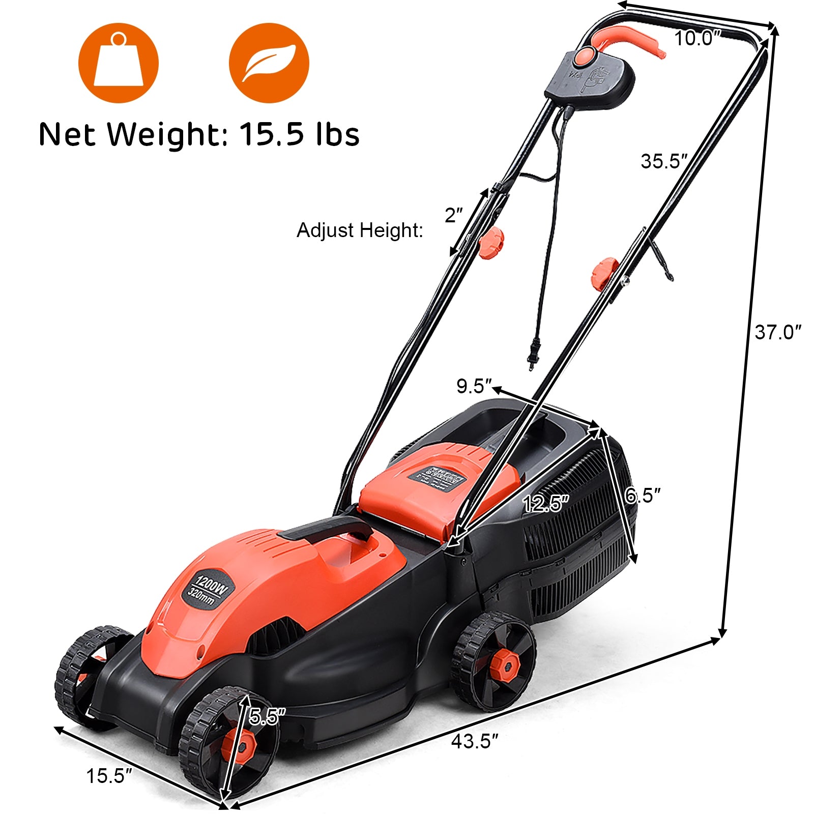 14 Inch Electric Push Lawn Corded Mower with Grass Bag-RedÂ