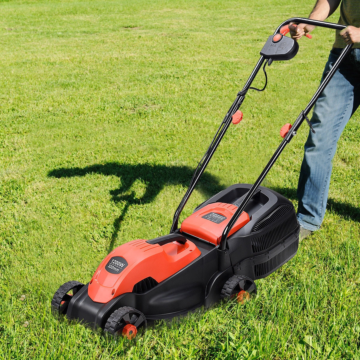 14 Inch Electric Push Lawn Corded Mower with Grass Bag-RedÂ