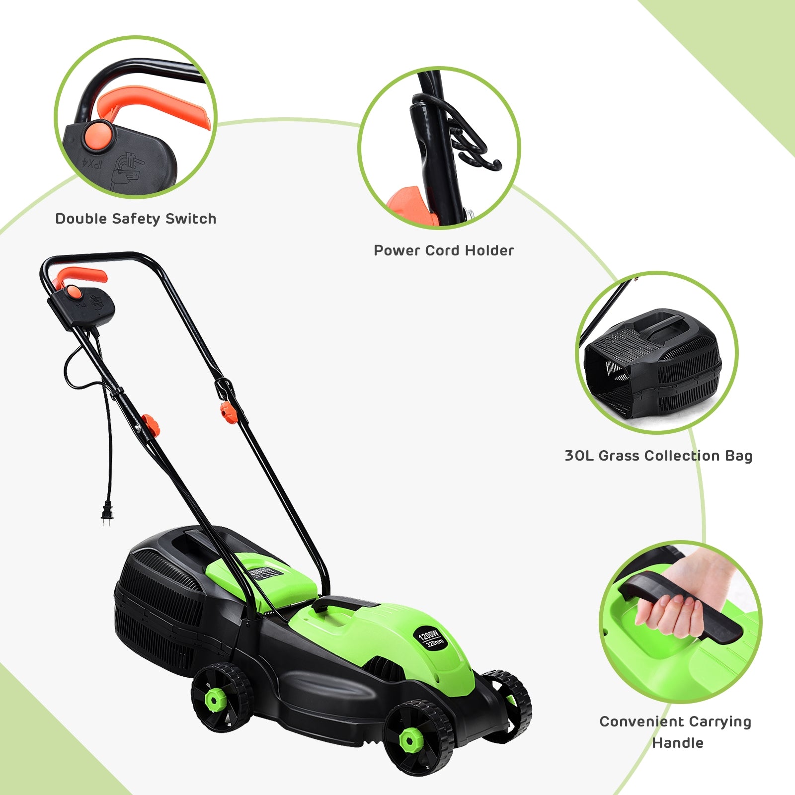 14 Inch Electric Push Lawn Corded Mower with Grass Bag-GreenÂ
