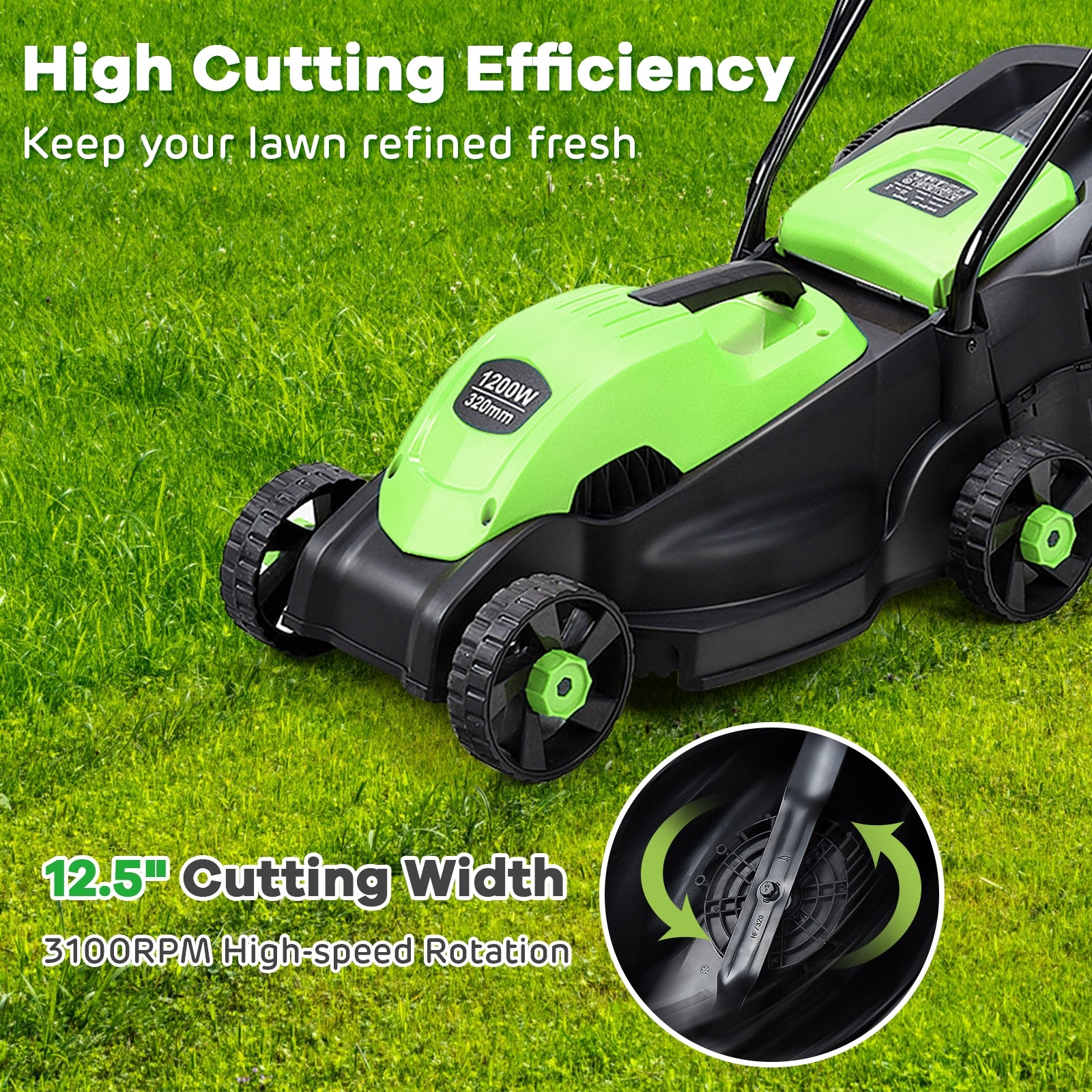 14 Inch Electric Push Lawn Corded Mower with Grass Bag-GreenÂ