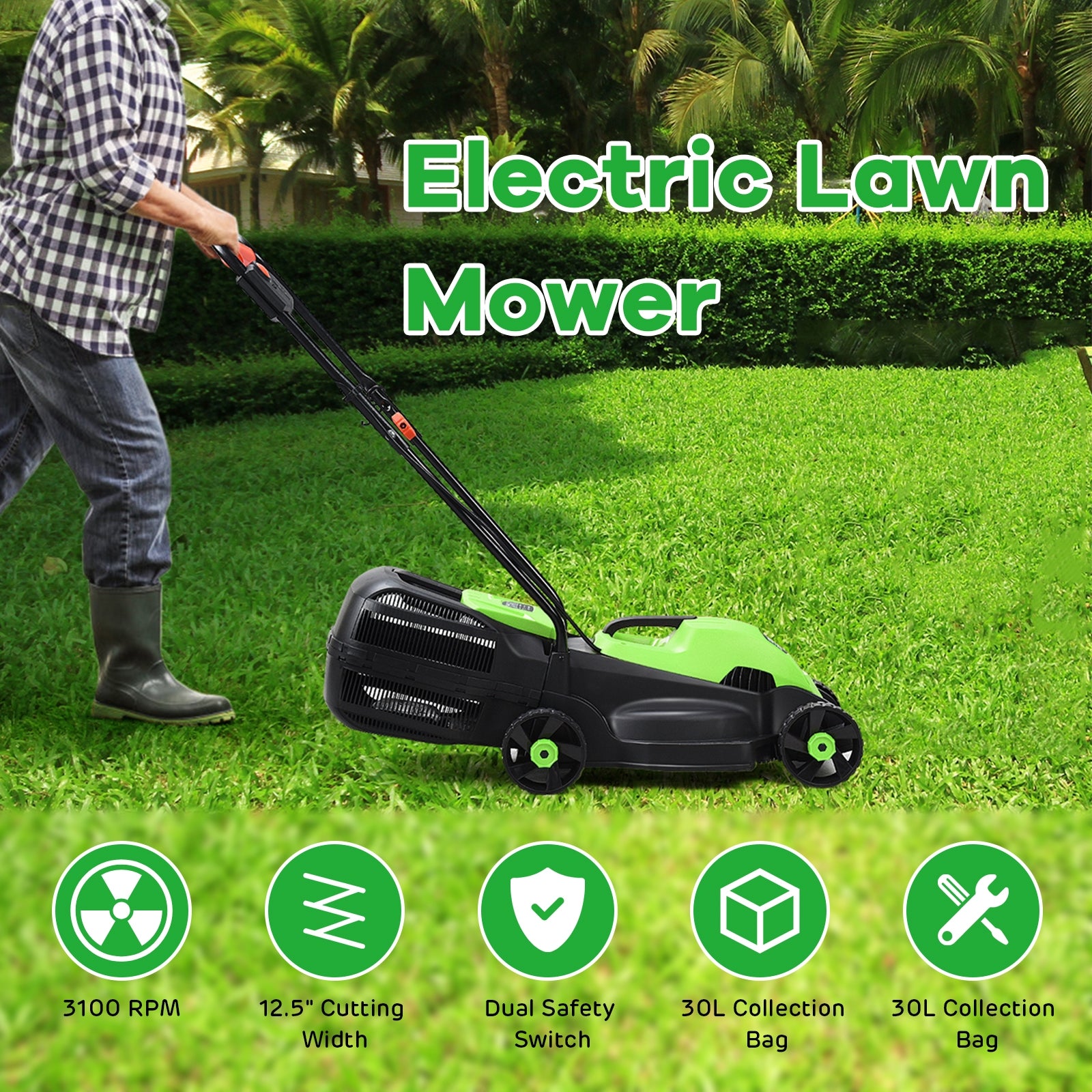 14 Inch Electric Push Lawn Corded Mower with Grass Bag-GreenÂ