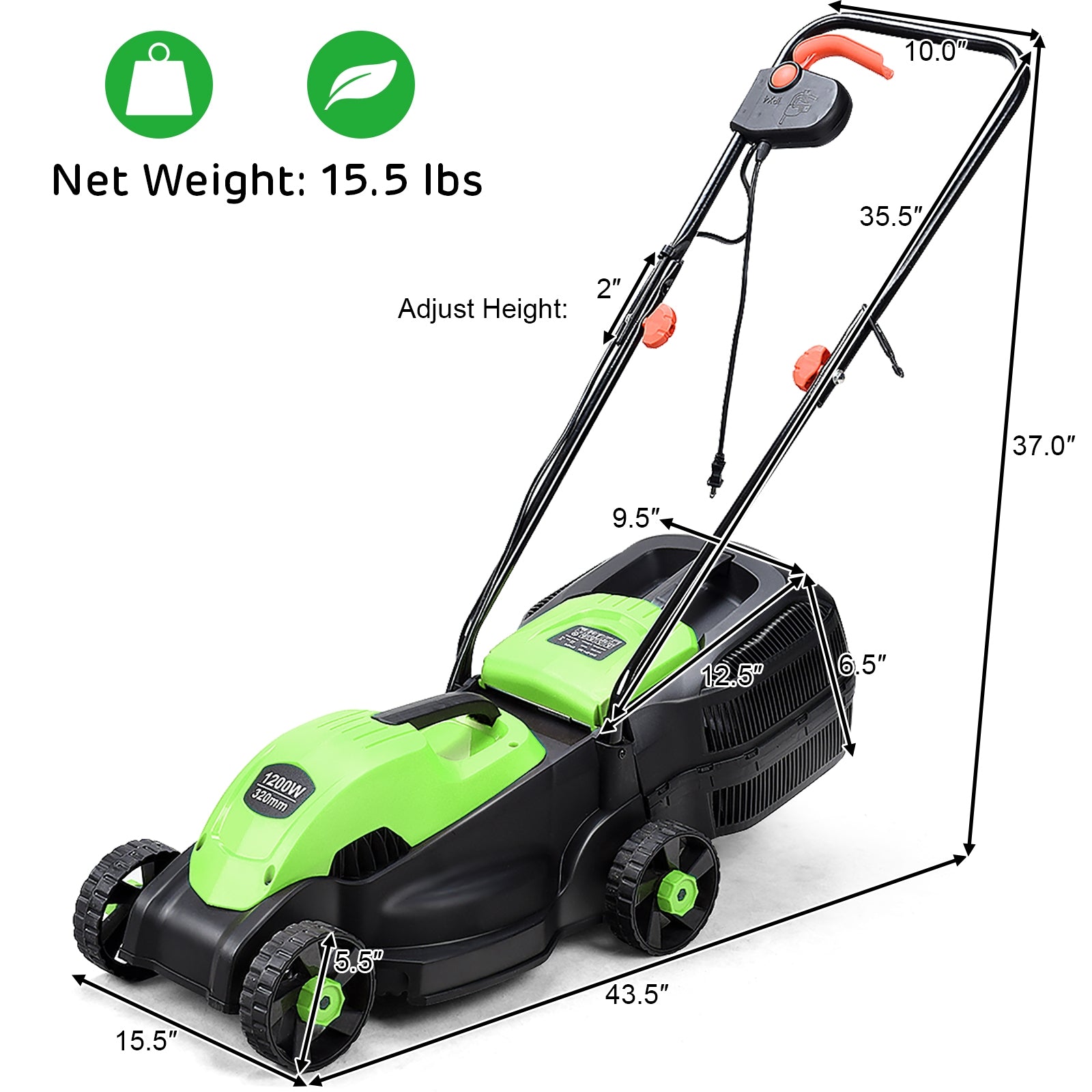 14 Inch Electric Push Lawn Corded Mower with Grass Bag-GreenÂ