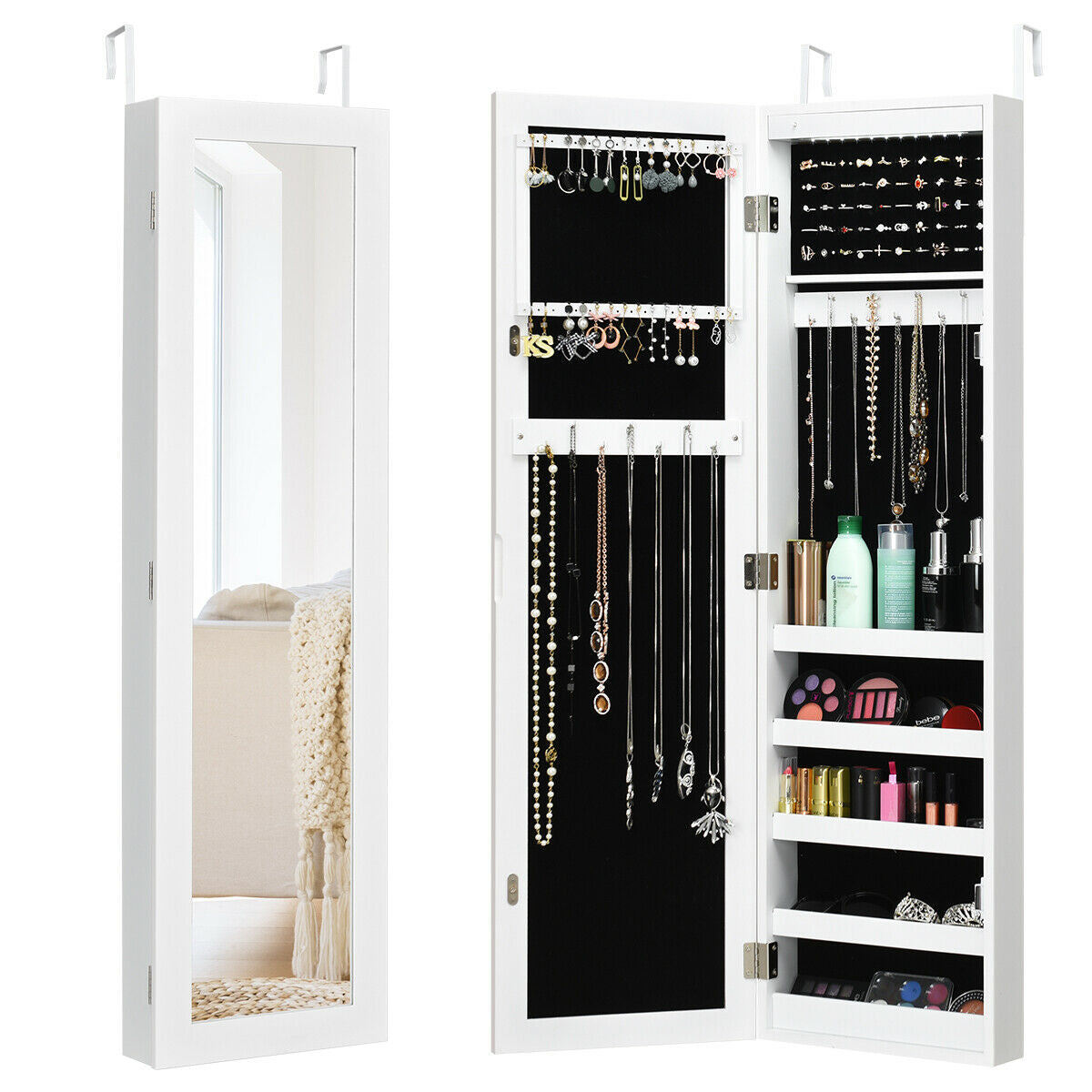Wall And Door Mirrored Jewelry Cabinet With LED LightÂ