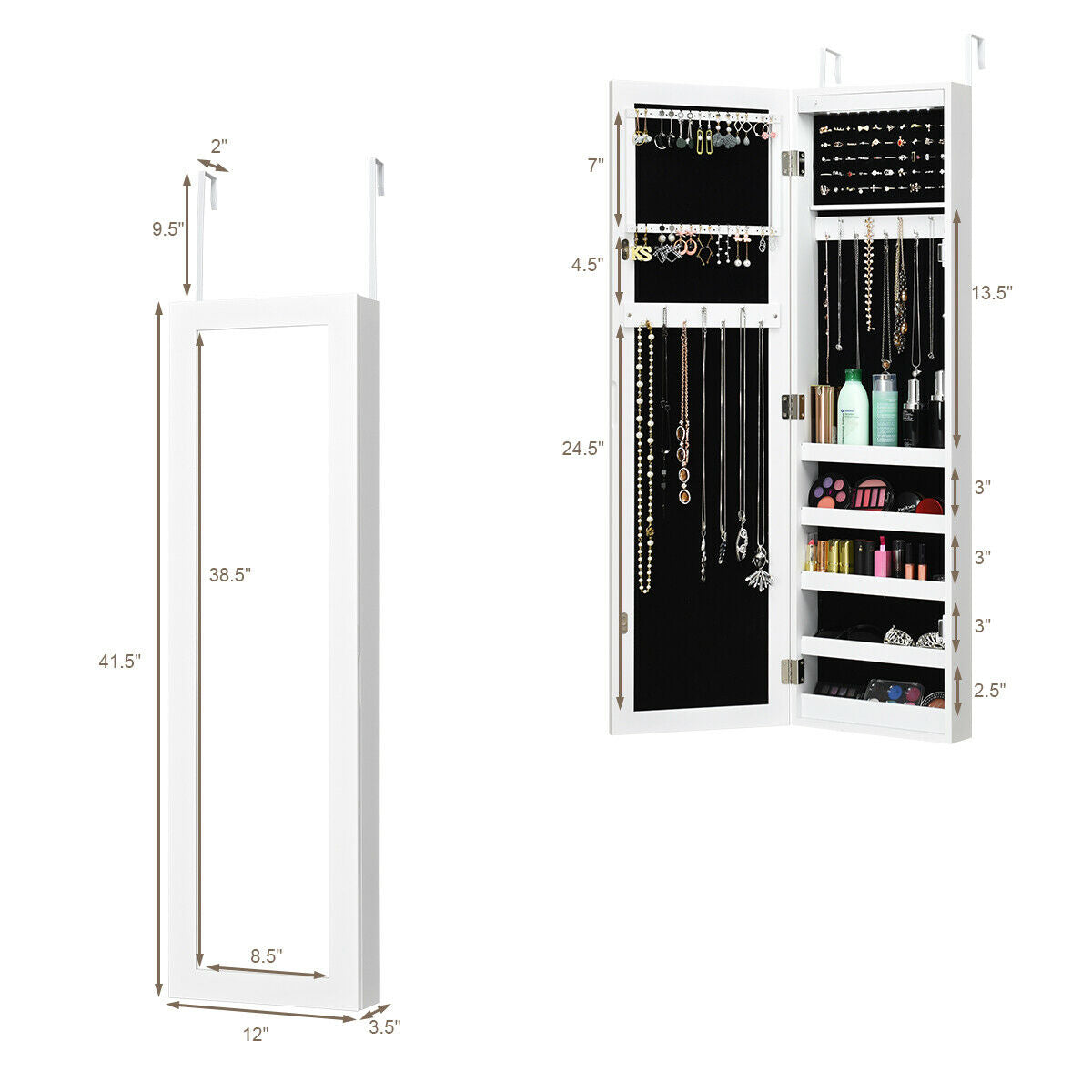 Wall And Door Mirrored Jewelry Cabinet With LED LightÂ