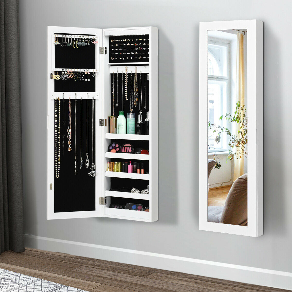 Wall And Door Mirrored Jewelry Cabinet With LED LightÂ
