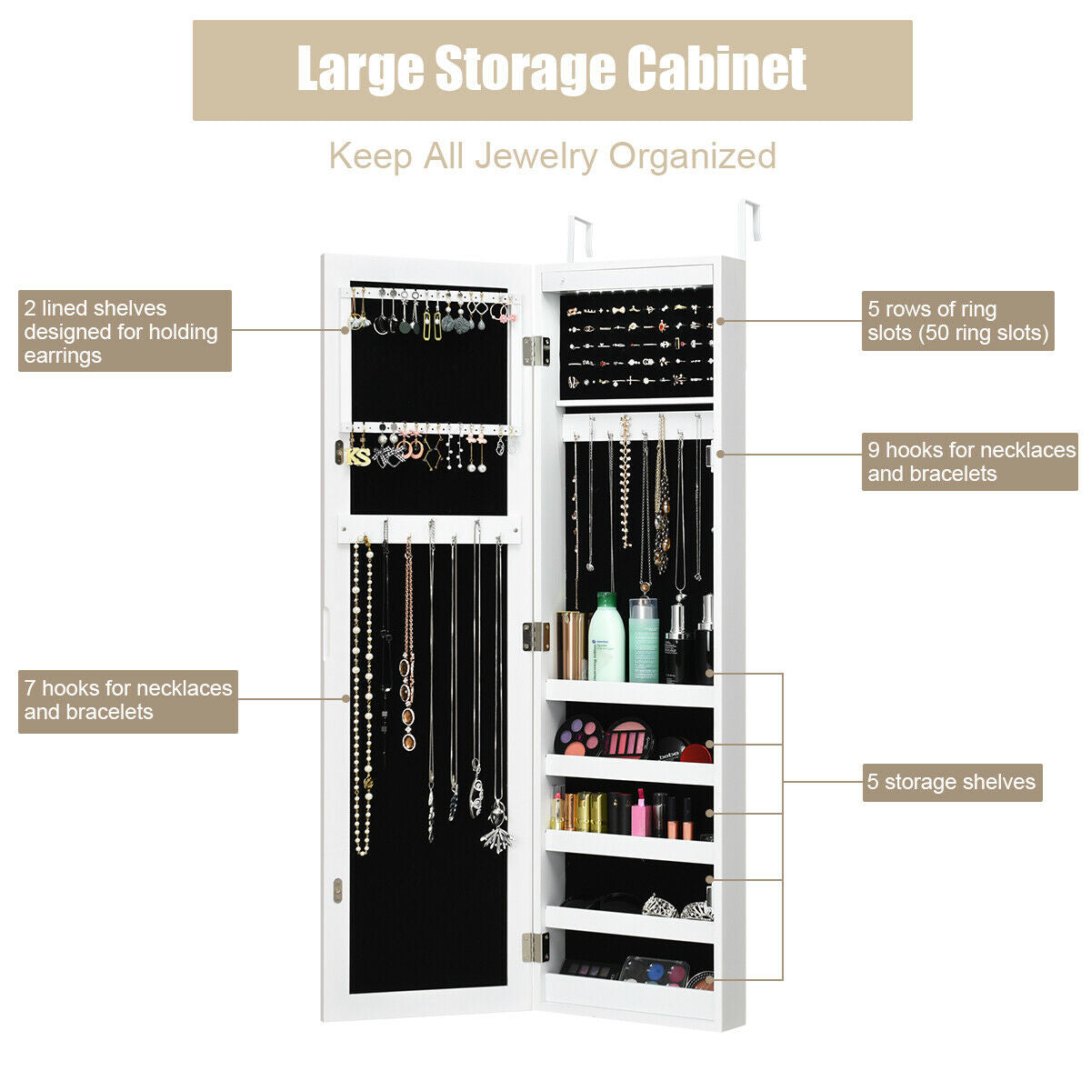 Wall And Door Mirrored Jewelry Cabinet With LED LightÂ