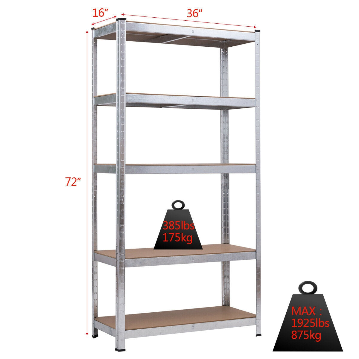 72 Inch Steel Storage Shelf with 5 Levels Adjustable Shelves-SilverÂ