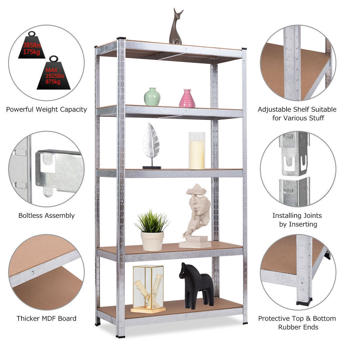 72 Inch Steel Storage Shelf with 5 Levels Adjustable Shelves-SilverÂ