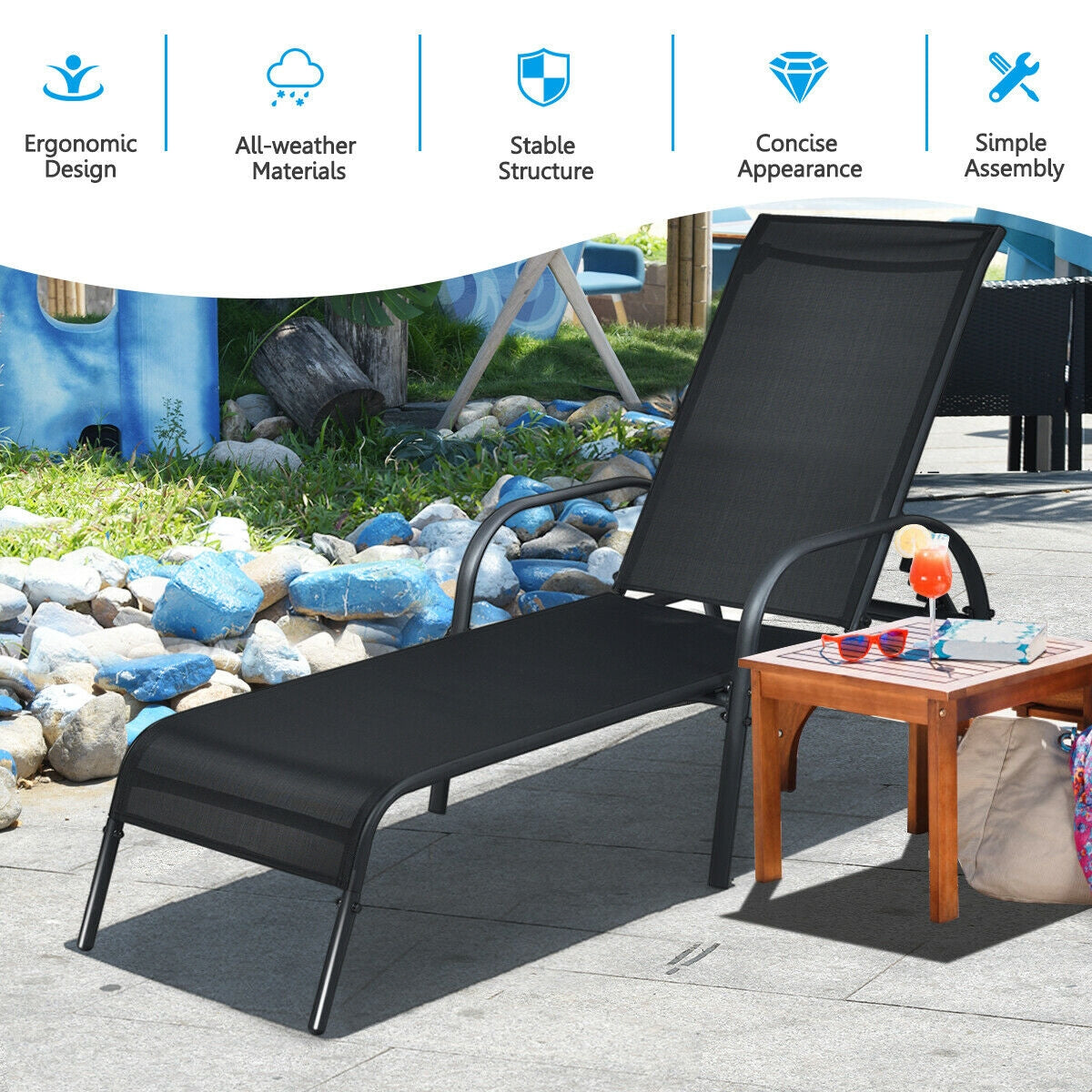 Adjustable Patio Chaise Folding Lounge Chair with Backrest-BlackÂ