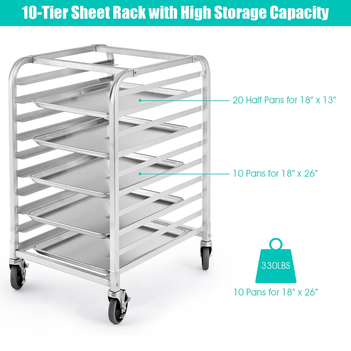 10 Sheets Aluminum Rolling Bakery Pan RackÂ