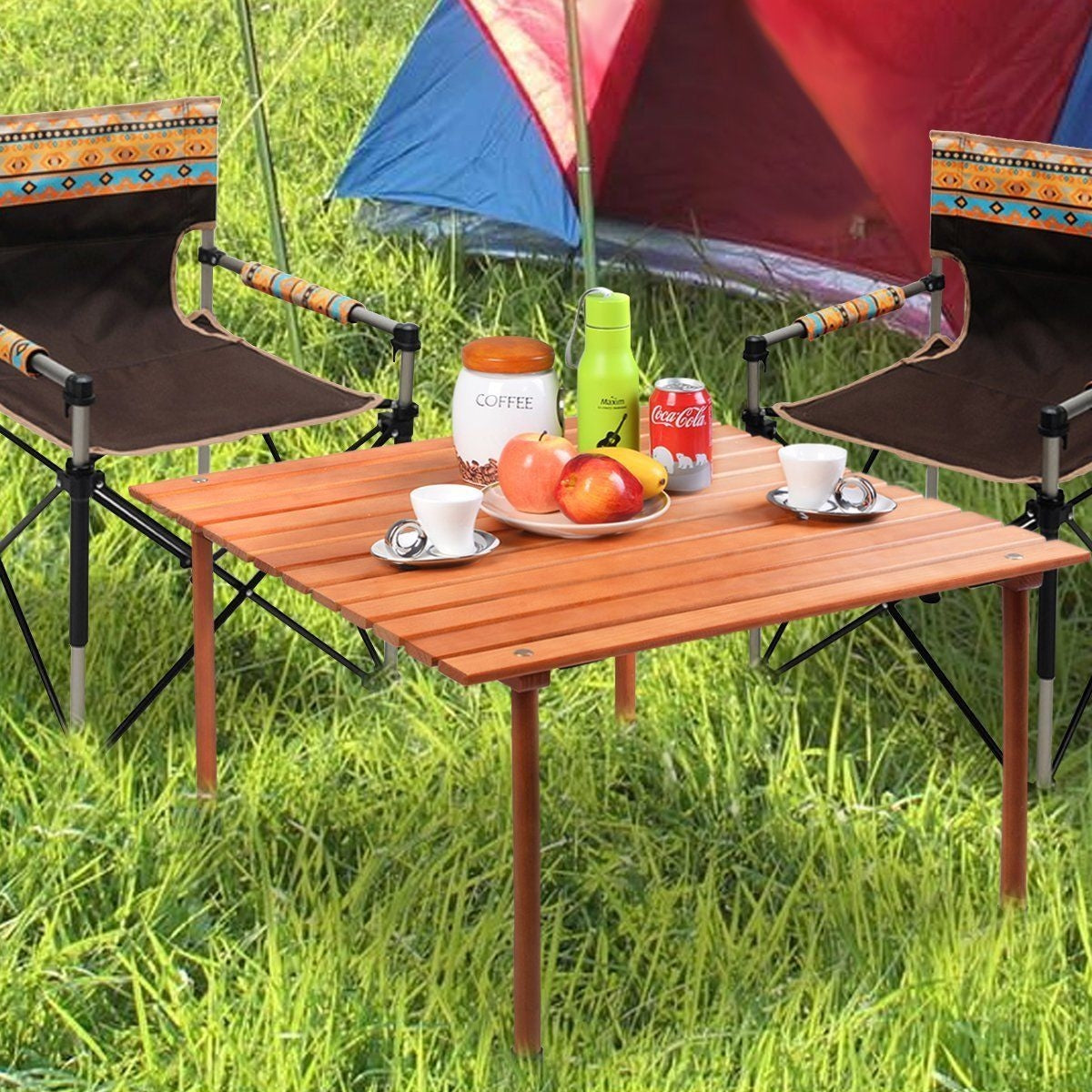Folding Wooden Camping Roll Up Table with Carrying Bag for Picnics and BeachÂ