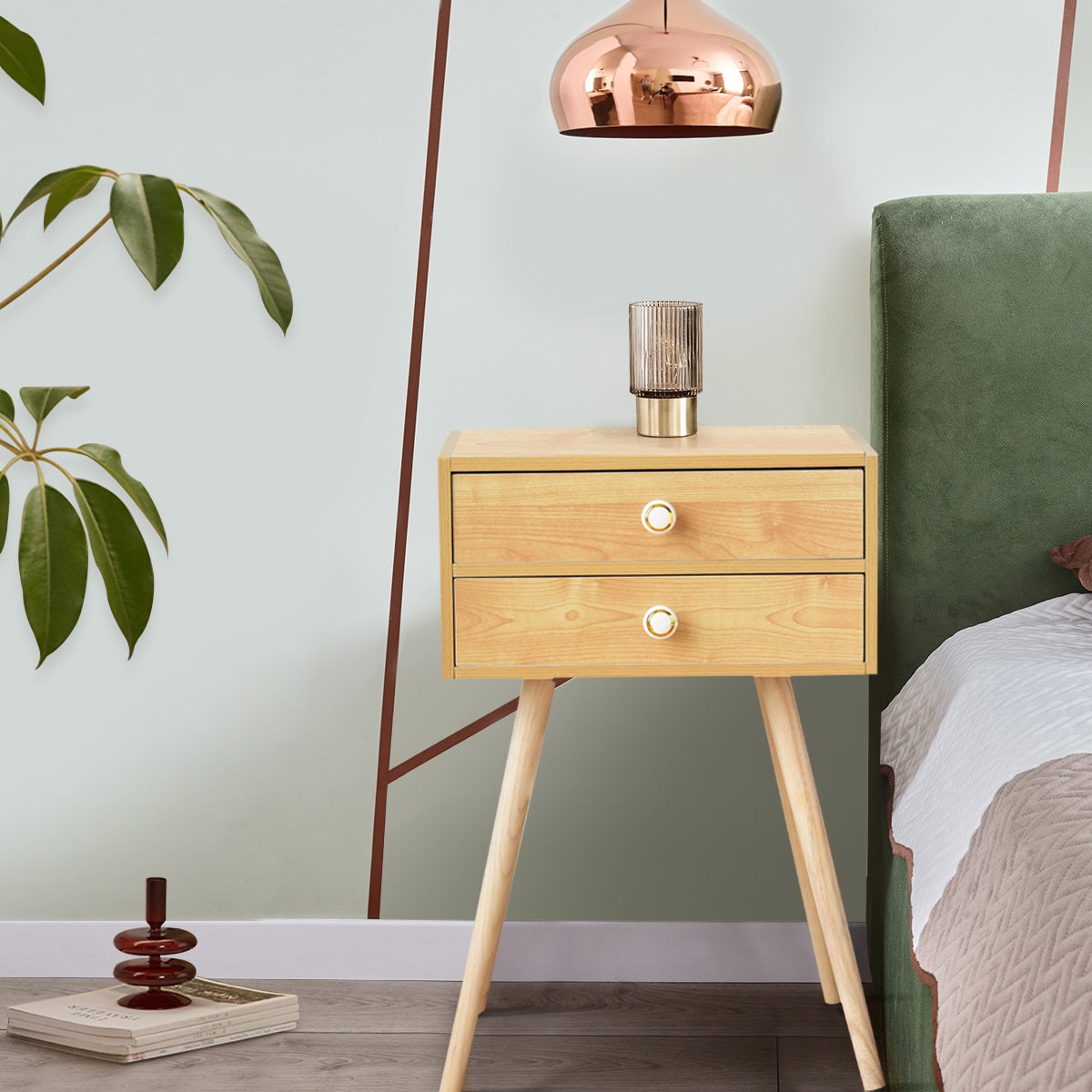 Mid Century Modern 2 Drawers Nightstand-NaturalÂ