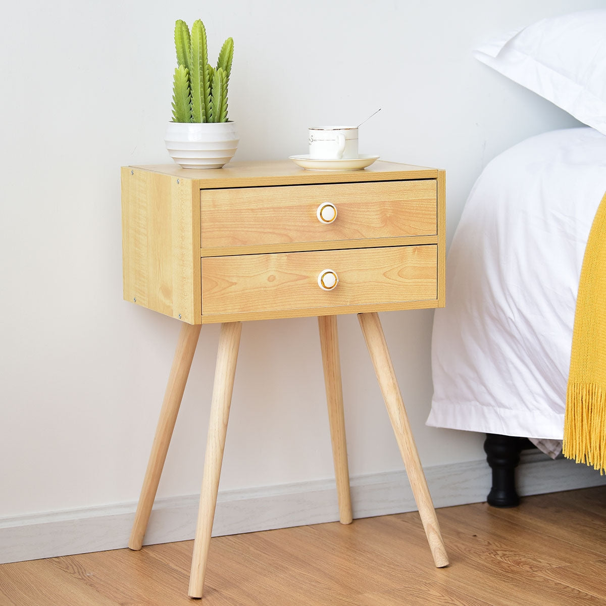 Mid Century Modern 2 Drawers Nightstand-NaturalÂ