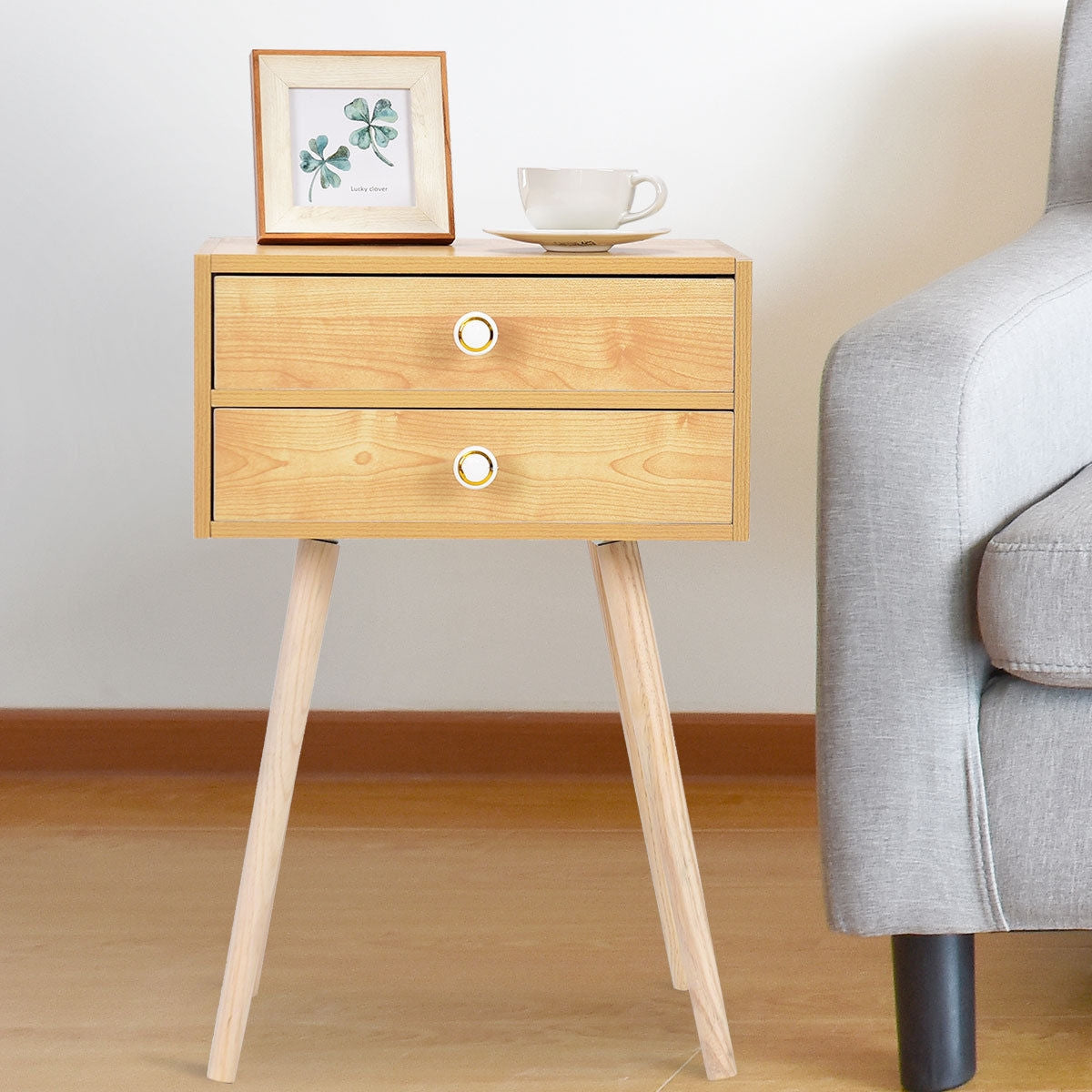 Mid Century Modern 2 Drawers Nightstand-NaturalÂ