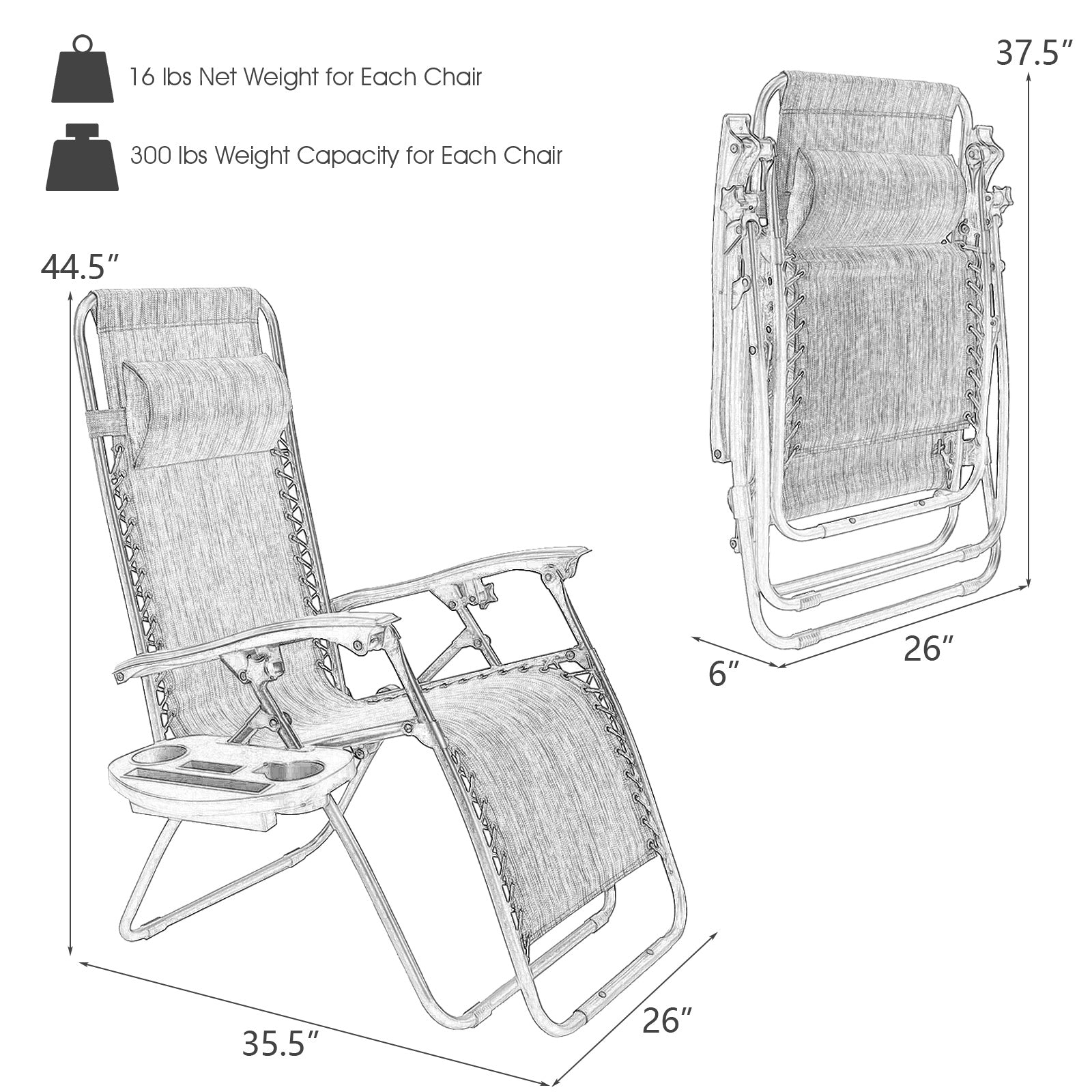 2 Pieces Folding Lounge Chair with Zero Gravity-GrayÂ