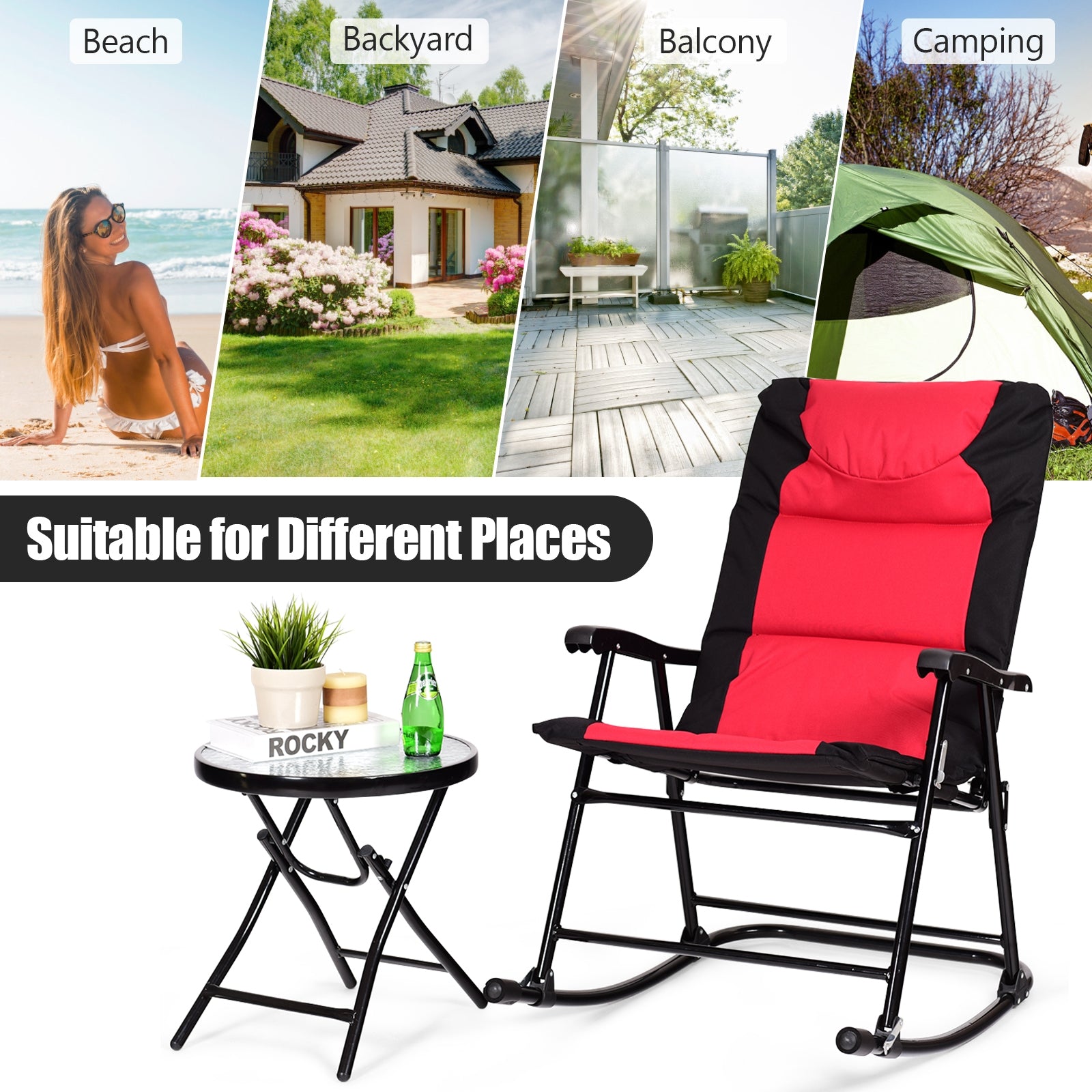 3 Pieces Outdoor Folding Rocking Chair Table Set with Cushion-RedÂ