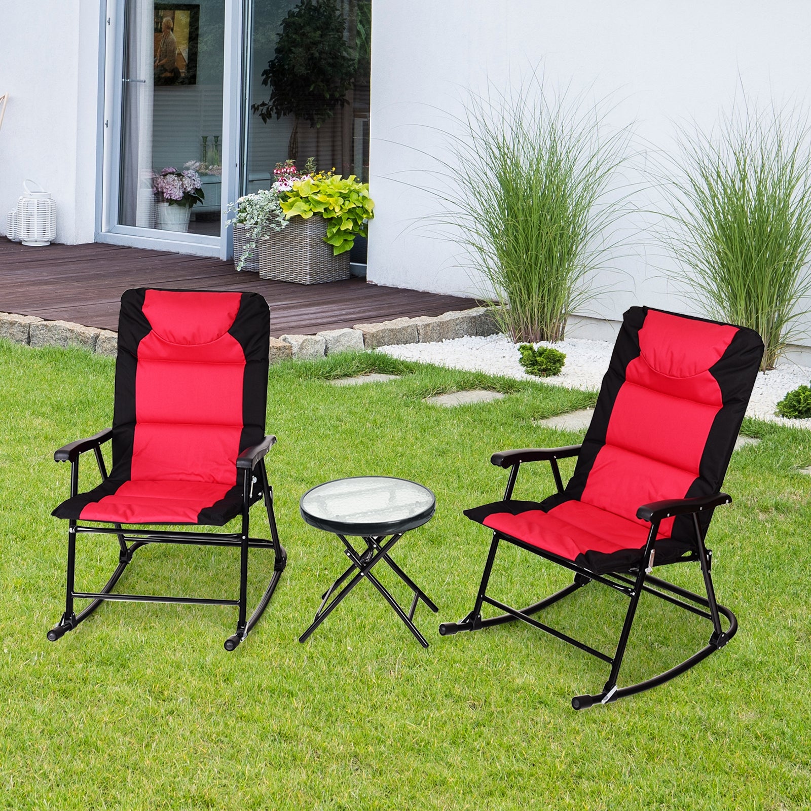 3 Pieces Outdoor Folding Rocking Chair Table Set with Cushion-RedÂ