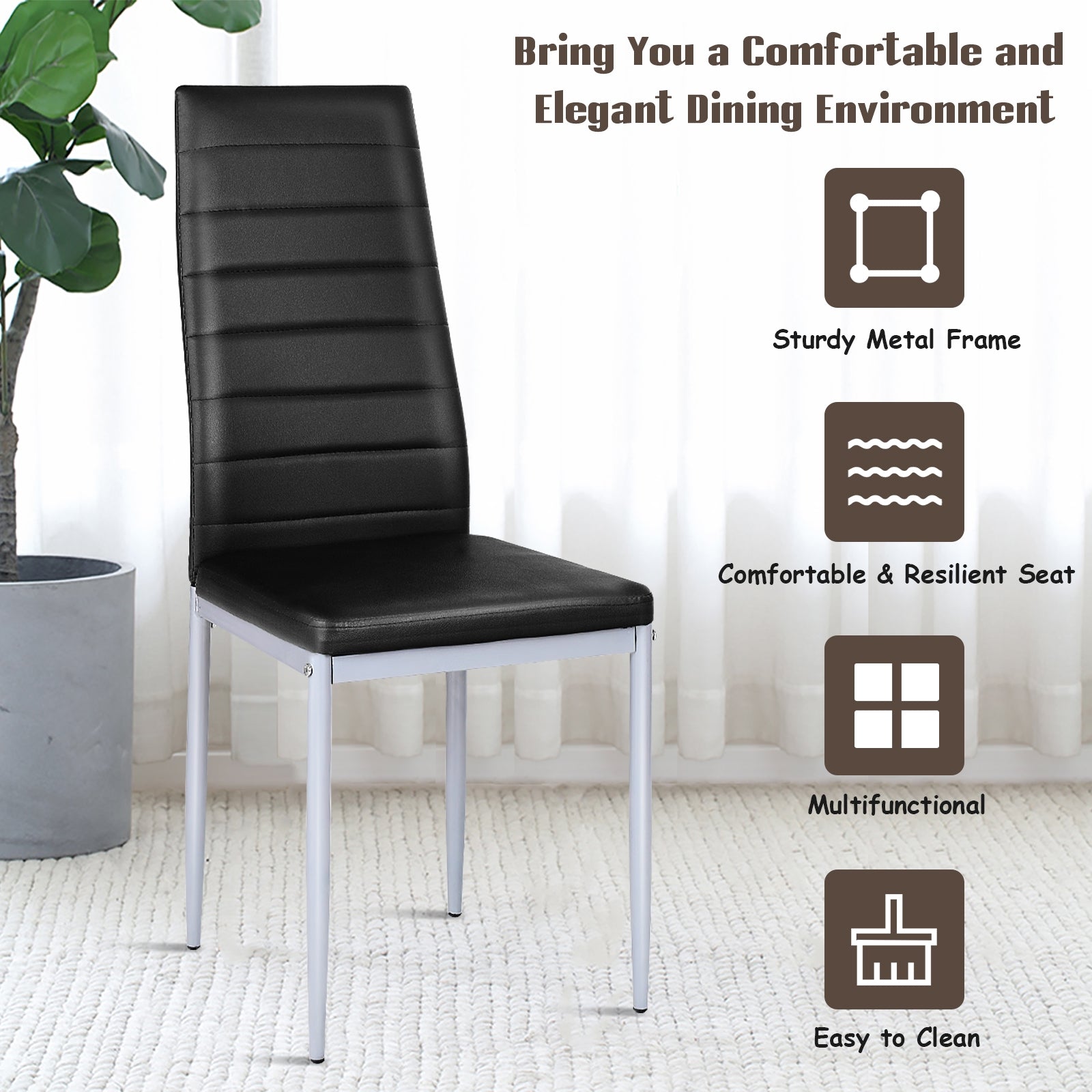 4 pcs PVC Leather Dining Side Chairs Elegant Design -BlackÂ