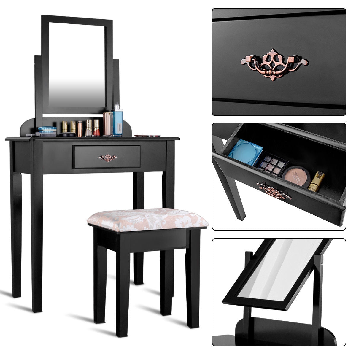 Vanity Dressing Table Stool Set with Large Makeup MirrorÂ