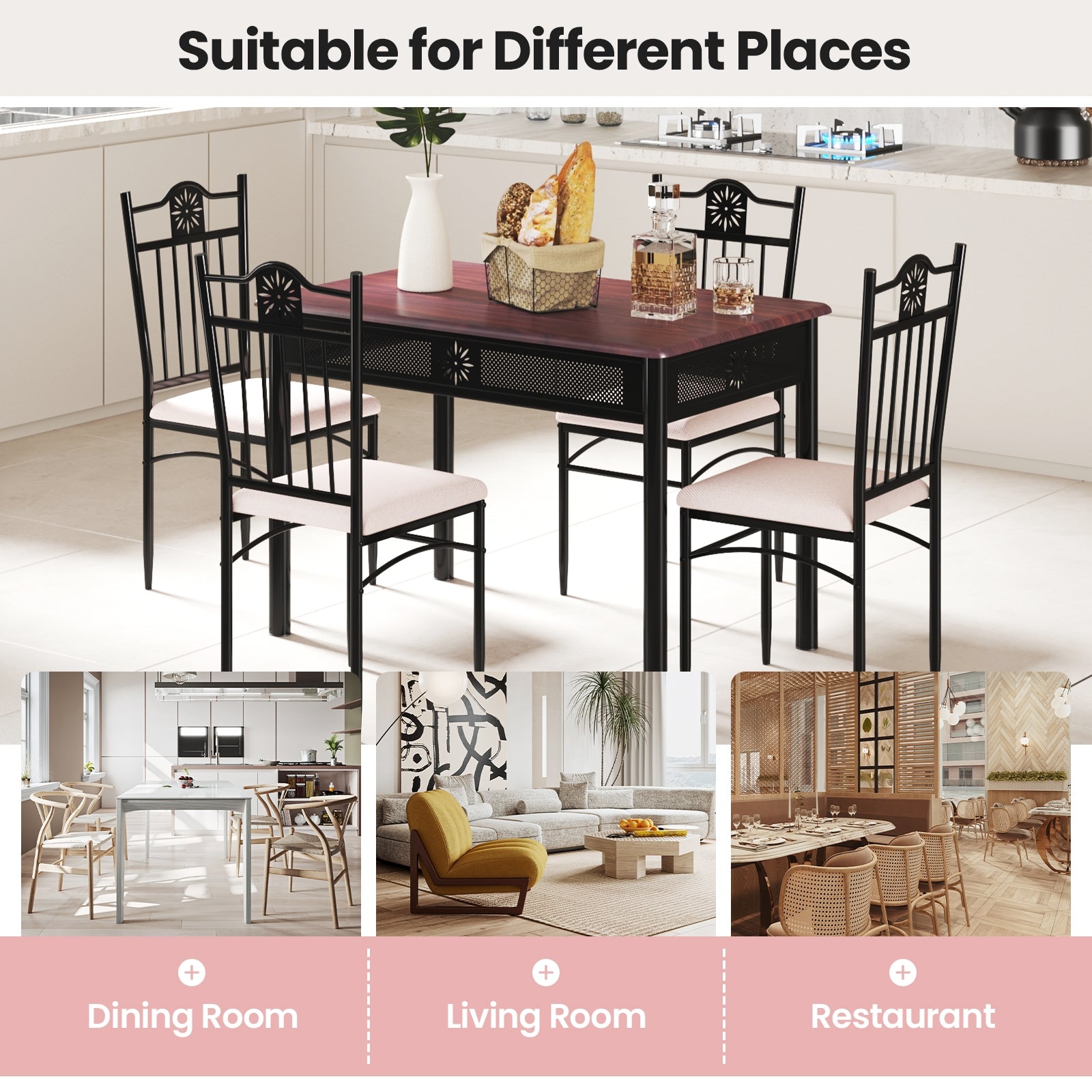 5 Pieces Dining Set Wood Metal Table and 4 Chairs with CushionsÂ