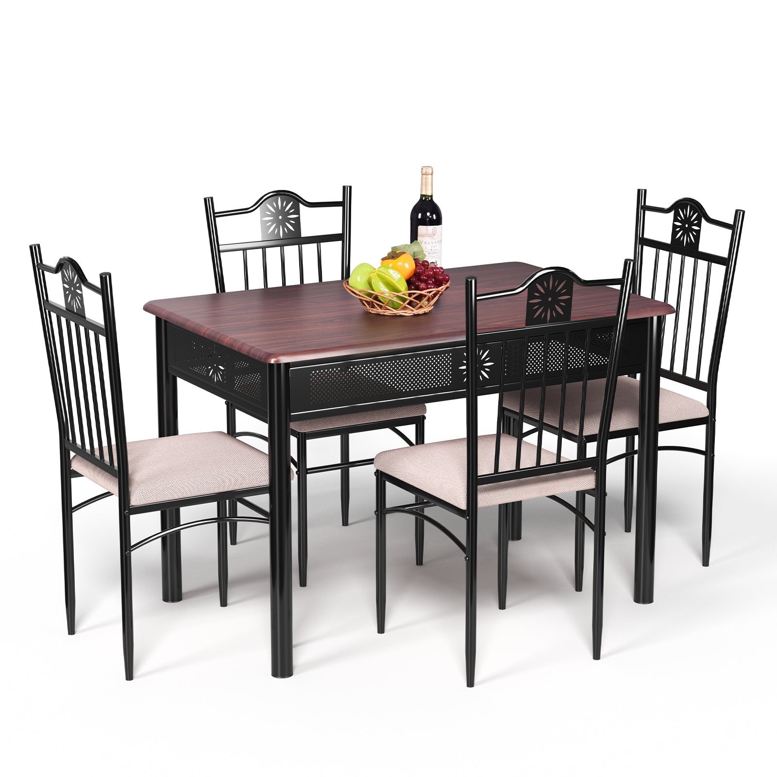 5 Pieces Dining Set Wood Metal Table and 4 Chairs with CushionsÂ