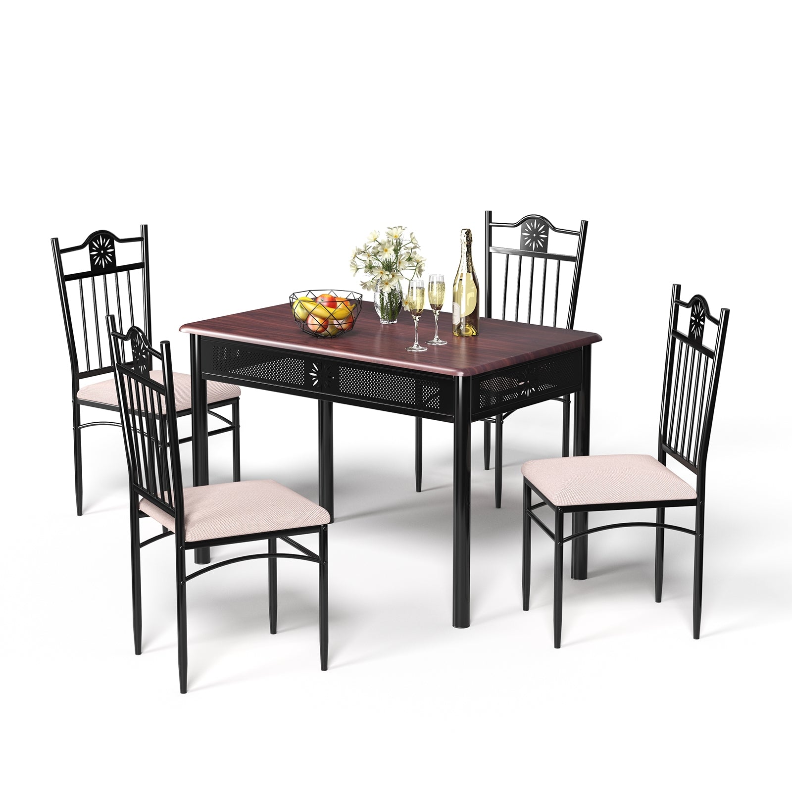 5 Pieces Dining Set Wood Metal Table and 4 Chairs with CushionsÂ