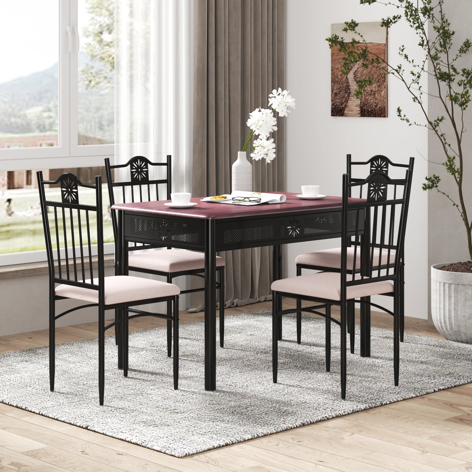 5 Pieces Dining Set Wood Metal Table and 4 Chairs with CushionsÂ