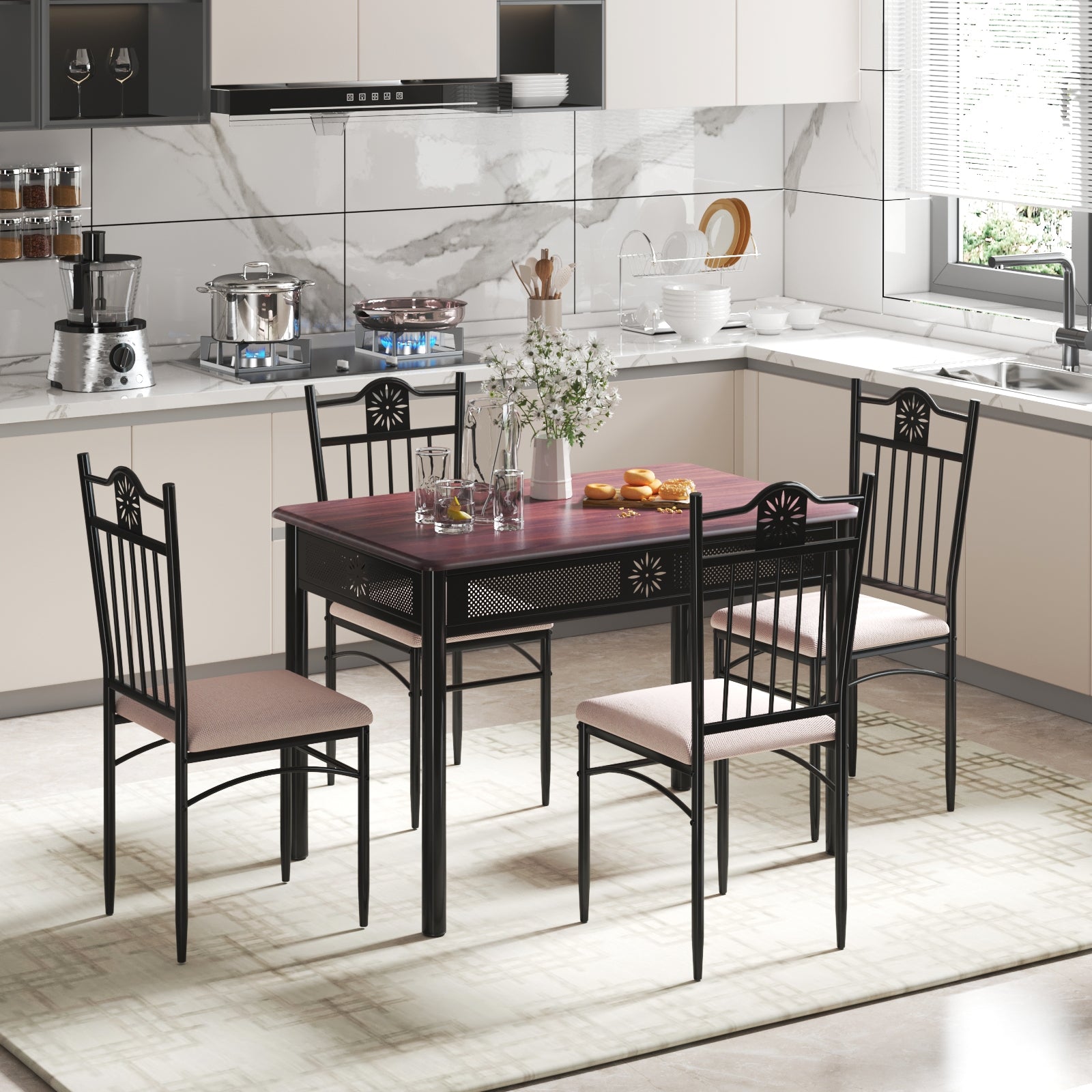 5 Pieces Dining Set Wood Metal Table and 4 Chairs with CushionsÂ