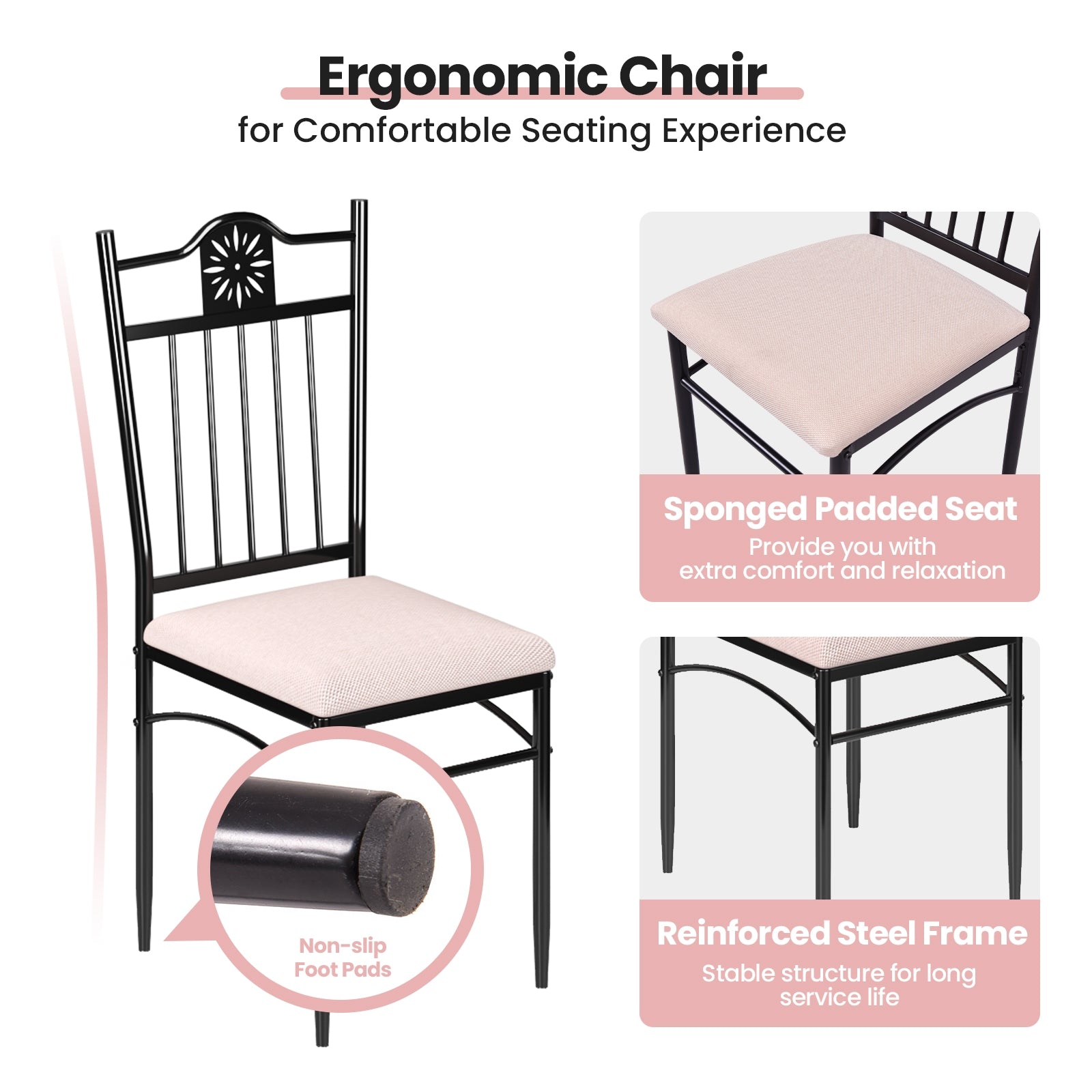 5 Pieces Dining Set Wood Metal Table and 4 Chairs with CushionsÂ