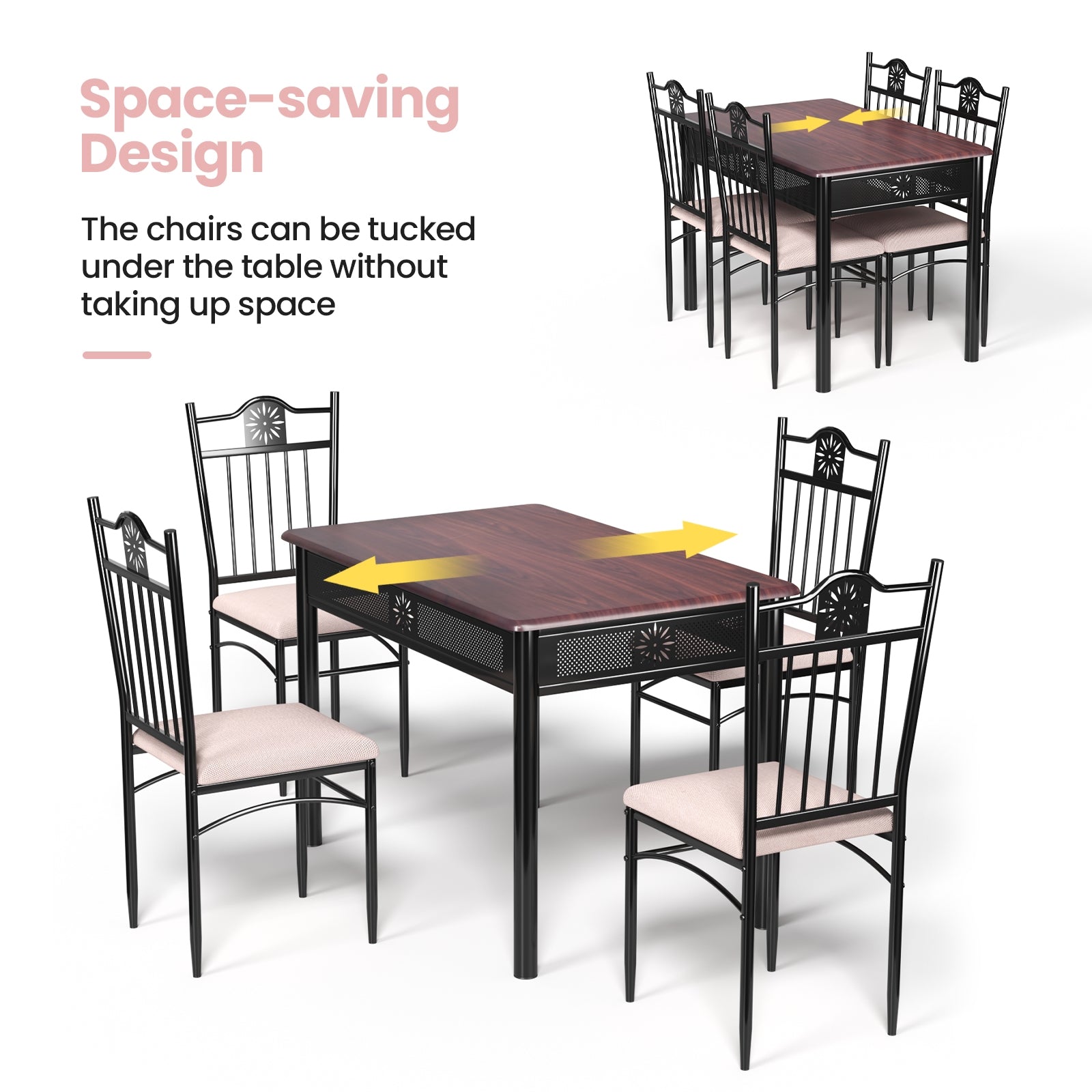5 Pieces Dining Set Wood Metal Table and 4 Chairs with CushionsÂ