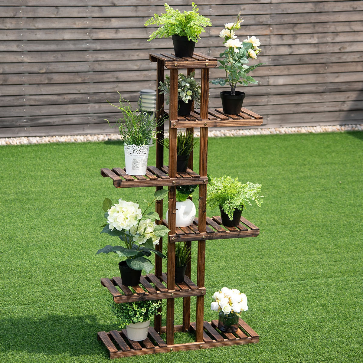 6 Tier Garden Wooden Shelf Storage Plant Rack StandÂ