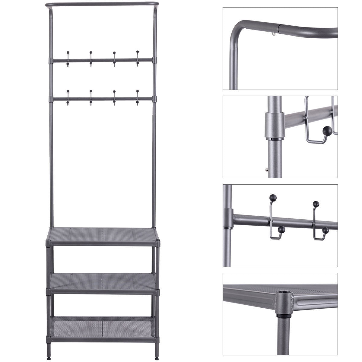 3 Tiers Metal Storage Shelf 16 Hooks Hat Shoes RackÂ