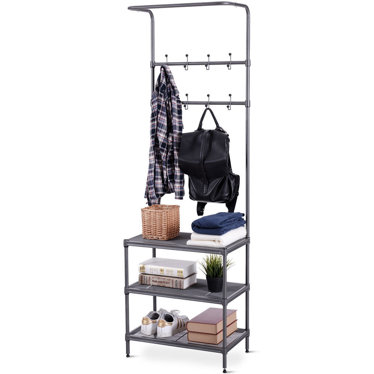 3 Tiers Metal Storage Shelf 16 Hooks Hat Shoes RackÂ
