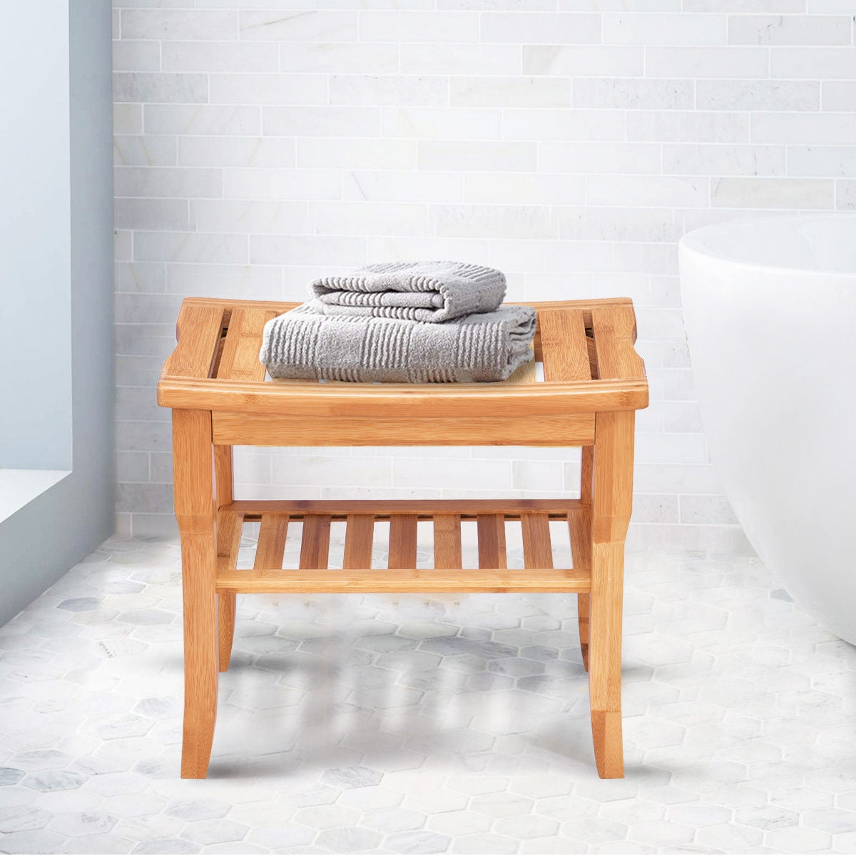 Bathroom Bamboo Shower Chair Bench with Storage ShelfÂ